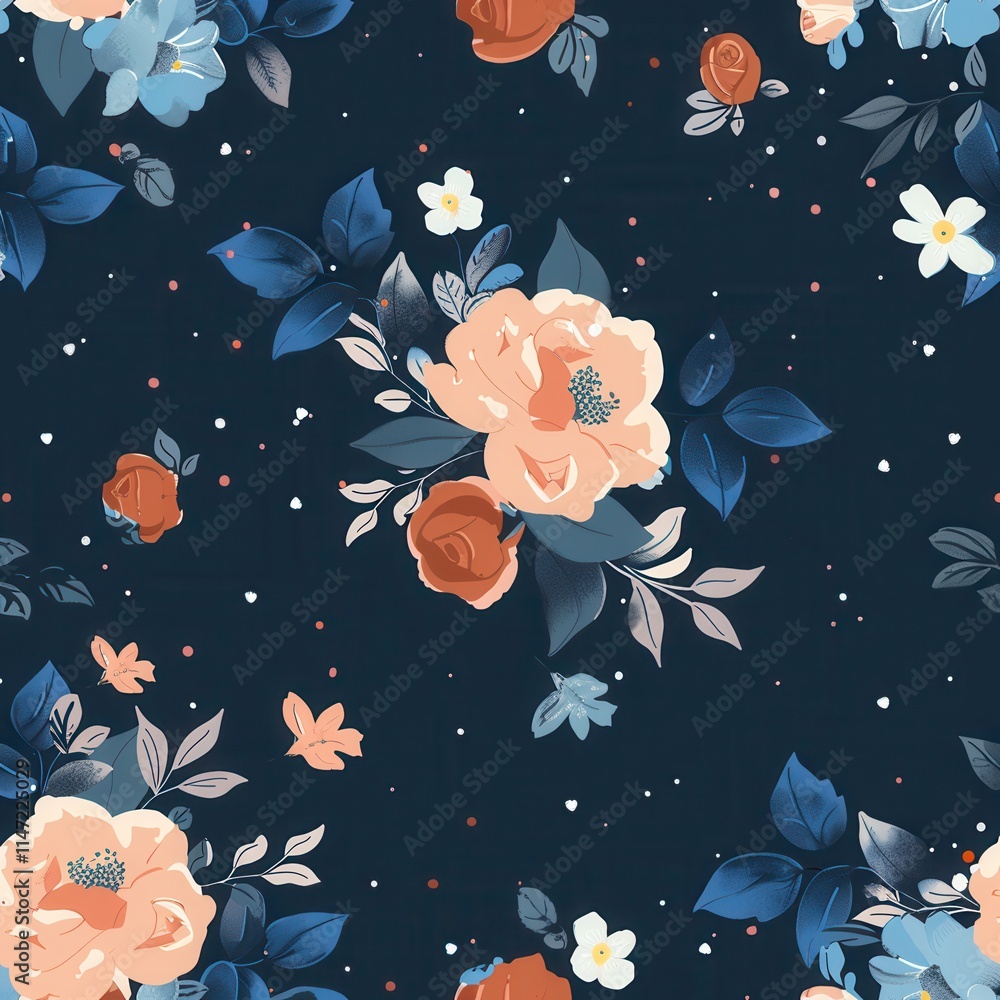 Poster Colorful floral pattern with a dark background showcasing various flowers in bloom and vibrant foliage. Generative AI