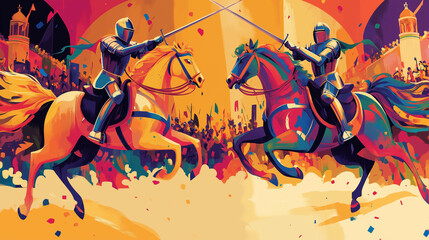 Vibrant Cartoon-Style Illustrations of Jousting Knights on Horses in a Colorful Arena