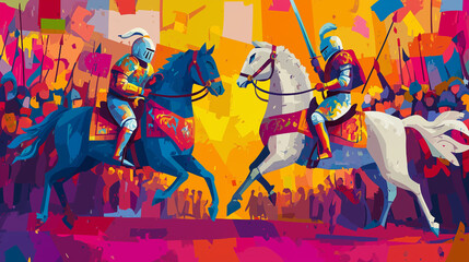 Vibrant Cartoon-Style Illustrations of Jousting Knights on Horses in a Colorful Arena