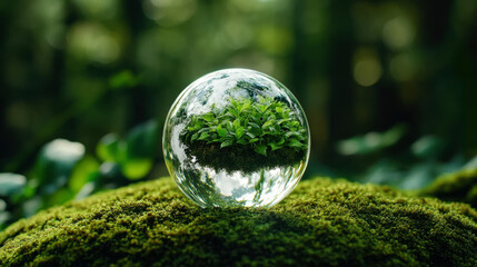 There is a glass ball on the grass in the forest