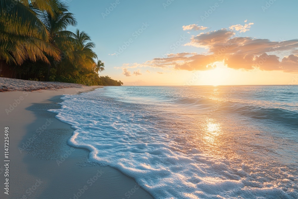 Poster a serene beach at sunset with gentle waves and palm trees lining the shore.
