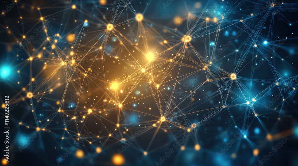 Poster abstract digital background with glowing connections and polygonal mesh lines, representing the conc