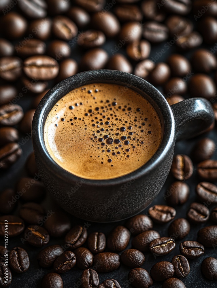 Aufkleber rich coffee cup surrounded by roasted beans on a dark surface creating a cozy atmosphere. generative