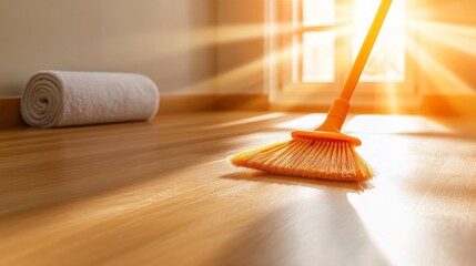 Clean Wooden Floor with Bright Sunlight and Broom. Generative AI
