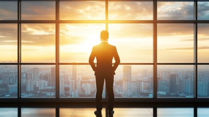 Fototapeta premium Businessman looking at sunset city view from office window.