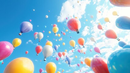 Fototapeta premium Colorful hot air balloons float in a bright blue sky.