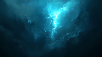 Obraz premium Vivid lightning bolt splitting a deep, shadowy sky, with electric blue light illuminating the storm clouds, creating a visually intense banner design. Illumine. Illustration