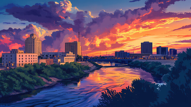 Vibrant sunset casts a warm glow over the rio grande river, illuminating the historic downtown laredo skyline and mexican border in south texas. Illumine. Illustration