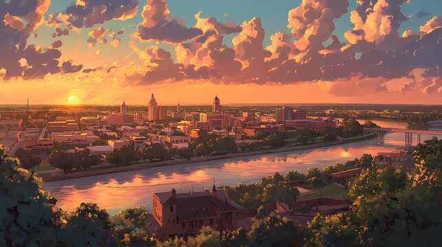 Vibrant sunset casts a warm glow over the rio grande river, illuminating the historic downtown laredo skyline and mexican border in south texas. Illumine. Illustration