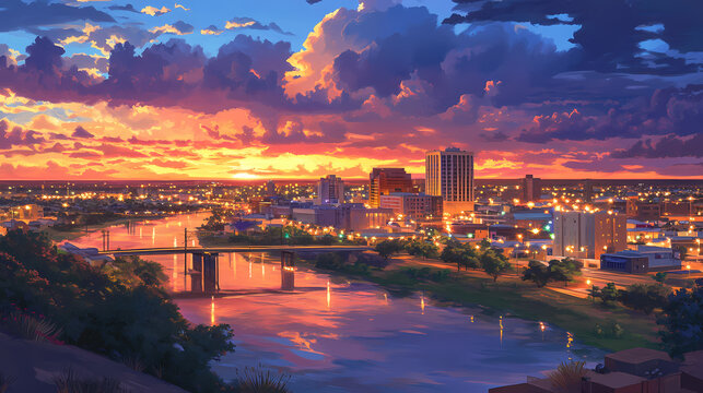 Vibrant sunset casts a warm glow over the rio grande river, illuminating the historic downtown laredo skyline and mexican border in south texas. Illumine. Illustration