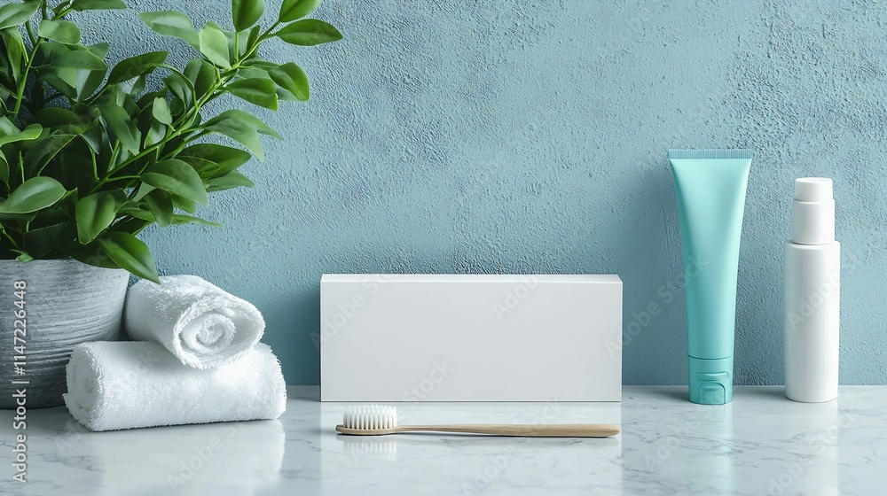Poster minimal and clean toothpaste box mockup lying flat on a counter surface with blank branding and adve