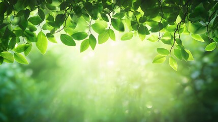 Obraz premium Sunlit green leaves with soft bokeh background