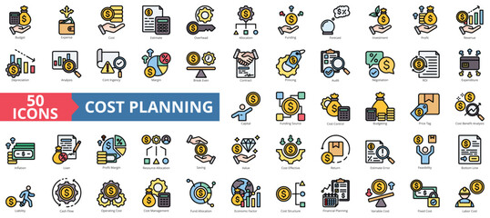 Cost planning icon collection set. Containing budget, expense, investment, estimate, overhead, allocation, funding icon. Simple flat outline vector illustration