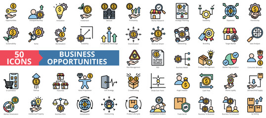 Business opportunities icon collection set. Containing innovation, entrepreneur, investment, market, strategy, networking, collaboration, technology icon. Simple flat outline vector illustration