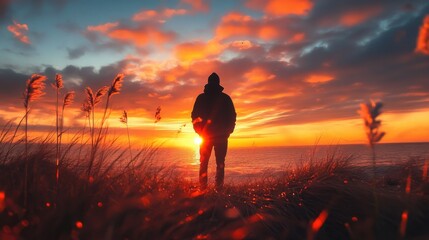 Obraz premium Silhouette of a person standing in a field under a dramatic red sky