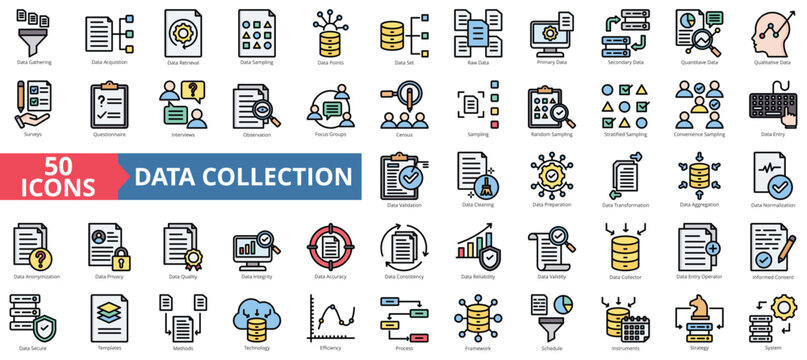 Data collection icon collection set. Containing gathering, acquisition, retrieval, sampling, points, set, primary icon. Simple flat outline vector illustration