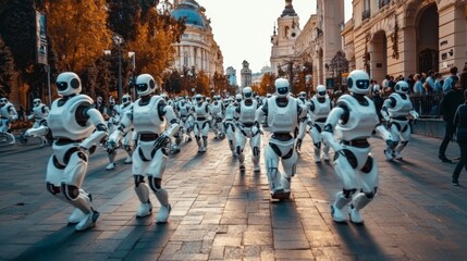 Crowd of people marching in urban street