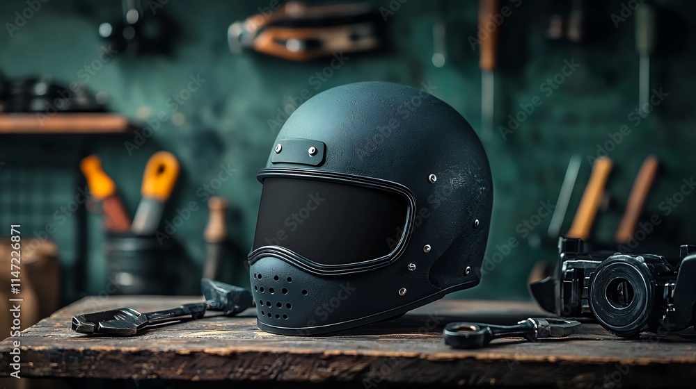 Poster customizable blank helmet mockup set on a workshop table surrounded by various tools and equipment r