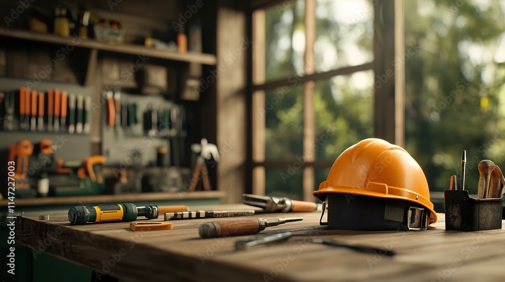 Poster blank helmet mockup resting on a workshop table surrounded by various metalworking tools and equipme