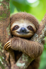 Fototapeta premium Curious sloth on tree branch in rainforest, warm natural light