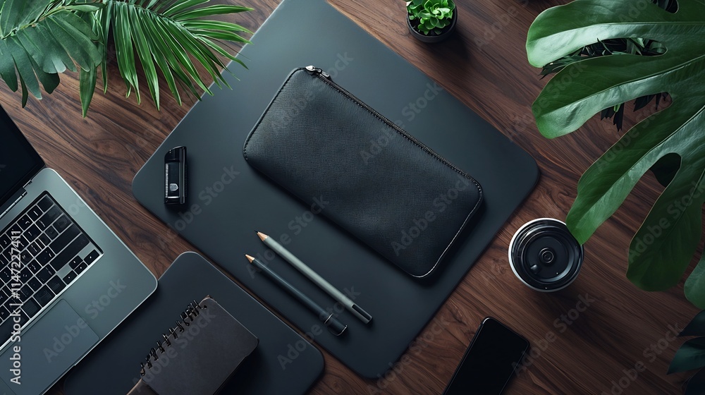 Poster flat blank white pouch mockup lying on a modern minimalist work desk surface in an office or studio 