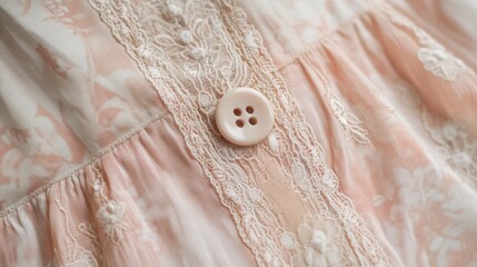 Close-up of a peach-colored dress with lace and button detail.