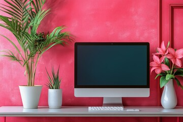 A modern workspace featuring a computer, plants, and flowers against a vibrant pink wall.