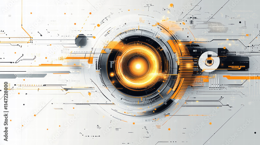 Poster abstract futuristic technology background with a digital eye and circuit board elements, in an orang