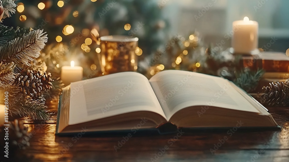 Aufkleber minimalistic open photo album mockup lying on a wooden table with blank pages and a cozy warm lighti