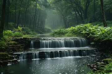 A serene forest scene featuring a cascading waterfall surrounded by lush greenery.