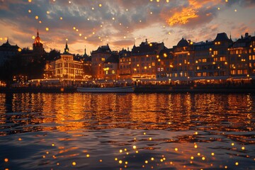 Obraz premium A picturesque sunset over a waterfront city, illuminated buildings reflecting on the water.