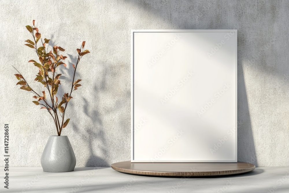 Poster a minimalist display featuring a blank frame and a decorative vase with branches.