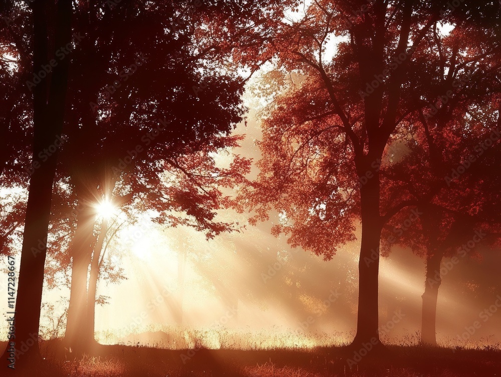 Poster a serene forest scene with sunlight filtering through trees, creating a warm, tranquil atmosphere.