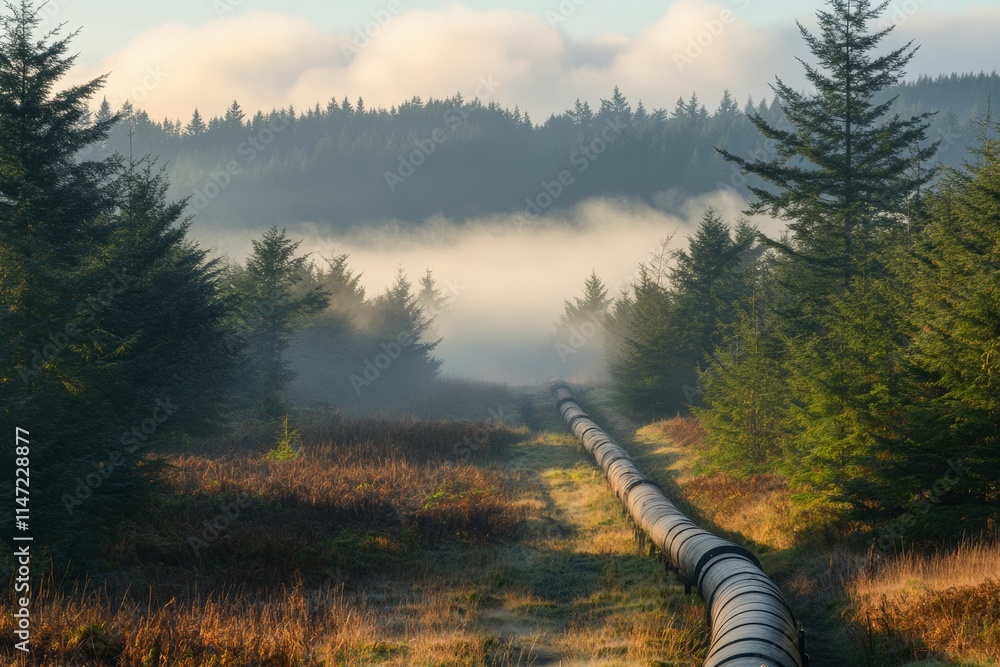 Poster a misty landscape with a long pipeline running through a forested area.