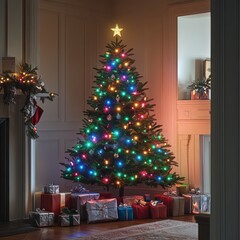 Decorated Christmas tree with colorful lights and presents. (1)