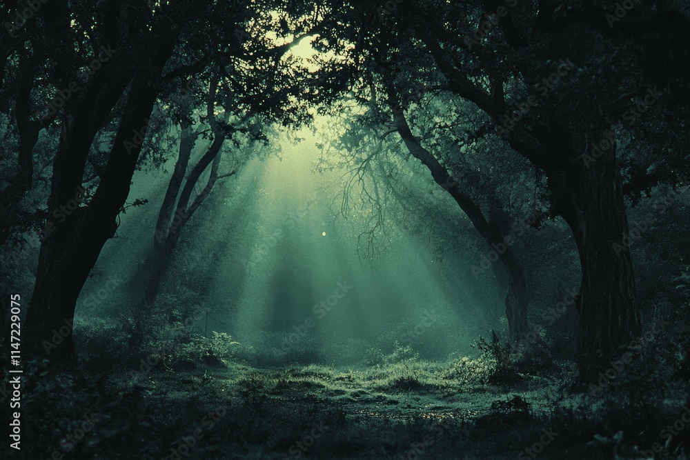 Poster a serene forest scene illuminated by soft rays of light breaking through the trees.