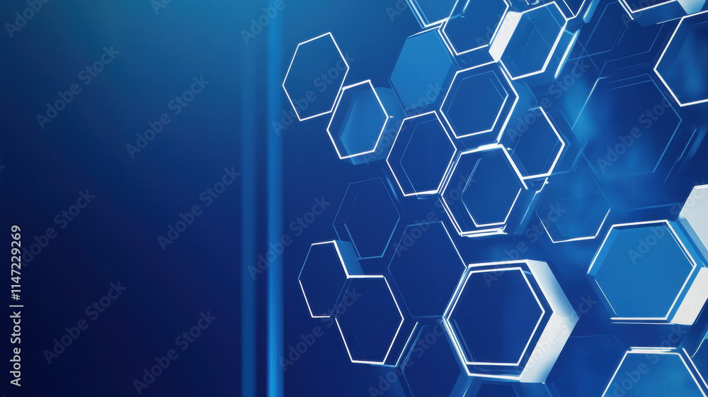 Poster blue background with white hexagons and lines for a technology or science vector banner design templ
