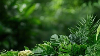 Naklejka premium Lush green tropical leaves and palm fronds create a vibrant natural border against a soft blurred forest background.