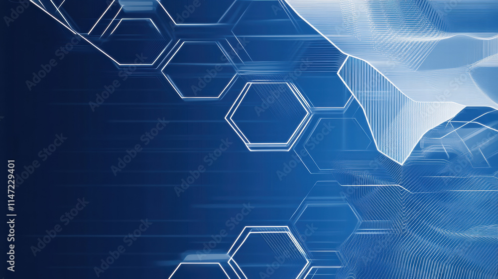 Poster blue background with white hexagons and lines for a technology or science vector banner design templ
