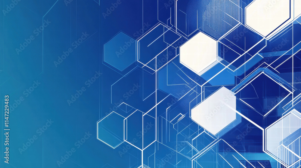 Poster blue background with white hexagons and lines for a technology or science vector banner design templ