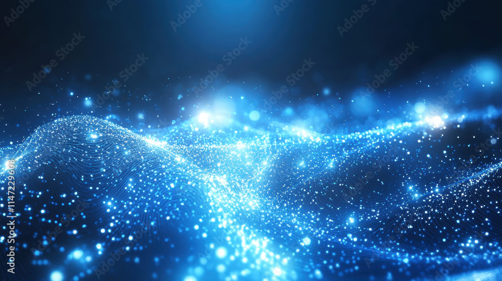 Poster abstract blue background with glowing connection lines and dots, a technology network concept