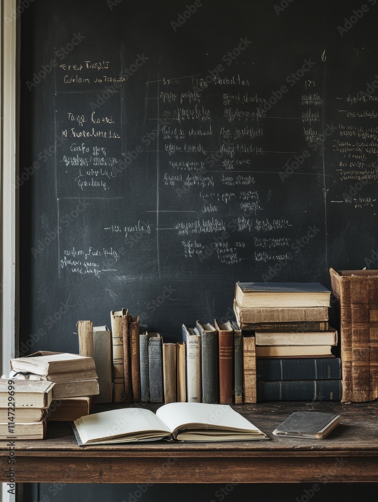 Poster collection of books and notebooks on a desk with a blackboard in a study room. generative ai