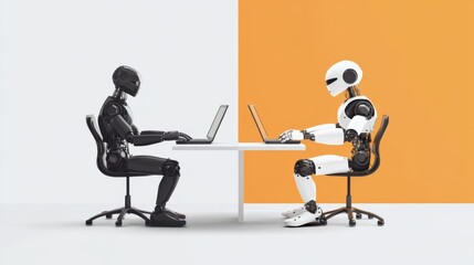 Humanoid robot and man shaking hands at a table