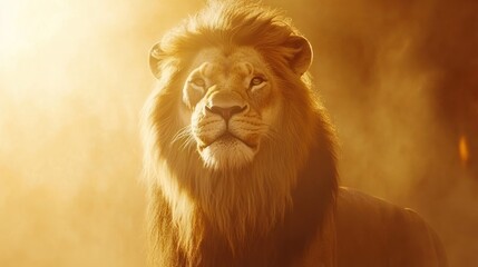 Fototapeta premium Majestic male lion portrait in golden light, smoky background.