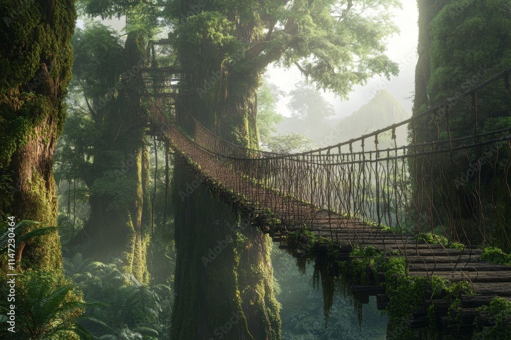 Poster a serene forest scene featuring a rope bridge connecting towering trees in a lush environment.