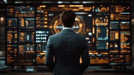 Obraz premium Businessman analyzing data on large screen.