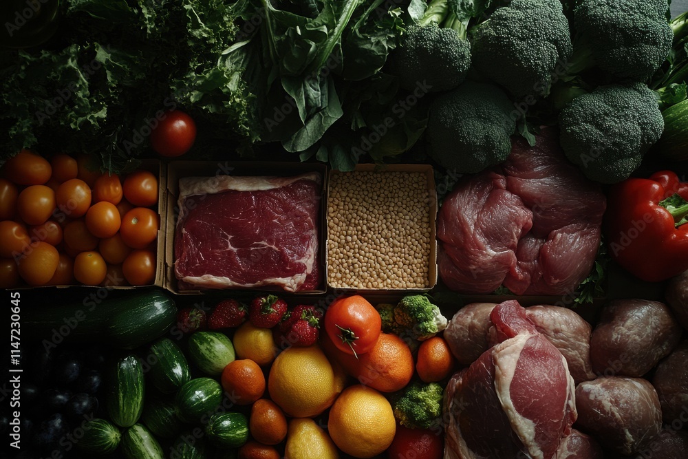 Poster fresh vegetables, quality meat, and wholesome grains arranged on a rustic wooden table with ample co