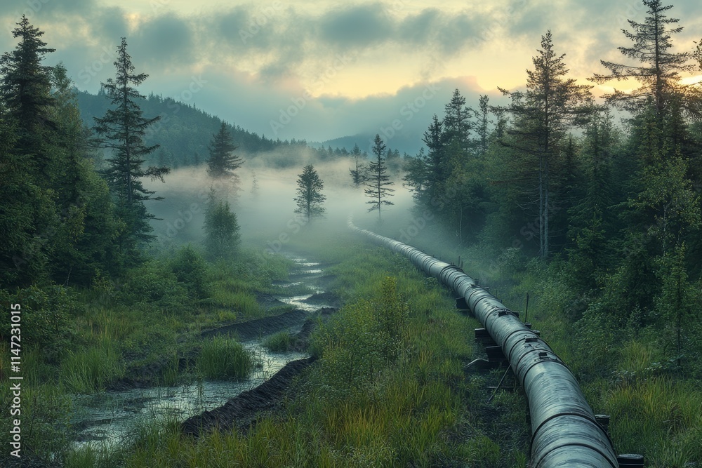 Poster a misty landscape with a pipeline running through a forested area and a winding stream.