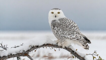 Fototapeta premium Snowy Owl Perched on a Snowy Branch in the Arctic Tundra