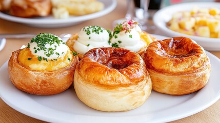 Close-up of golden Yorkshire puddings topped with creamy filling, diced tomatoes, crispy bacon, and fresh parsley on a wooden board.